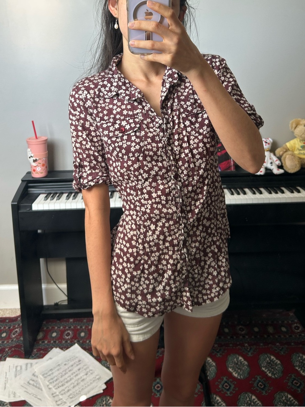 Cottagecore cotton floral tie back button up top